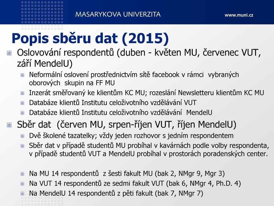 MU, srpen-říjen VUT, říjen MendelU) Dvě školené tazatelky; vždy jeden rozhovor s jedním respondentem Sběr dat v případě studentů MU probíhal v kavárnách podle volby respondenta, v případě studentů