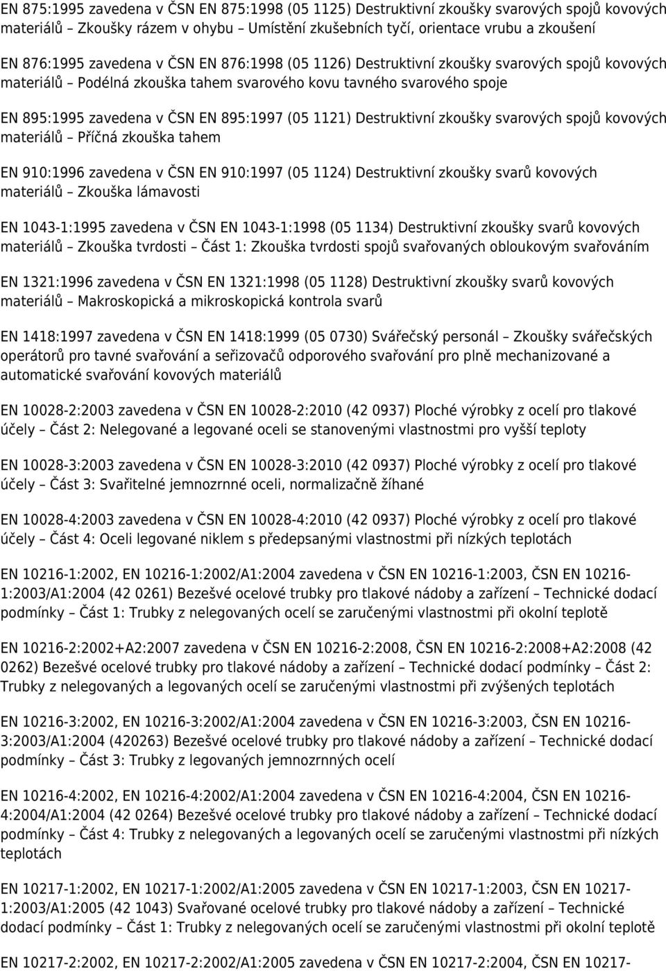 1121) Destruktivní zkoušky svarových spojů kovových materiálů Příčná zkouška tahem EN 910:1996 zavedena v ČSN EN 910:1997 (05 1124) Destruktivní zkoušky svarů kovových materiálů Zkouška lámavosti EN