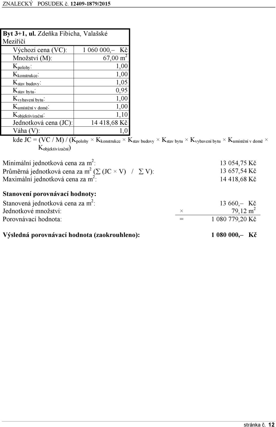 umístění v domě : 1,00 K objektivizační : 1,10 Jednotková cena (JC): 14 418,68 Kč Váha (V): 1,0 kde JC = (VC / M) / (K polohy K konstrukce K stav budovy K stav bytu K vybavení bytu K umístění v domě