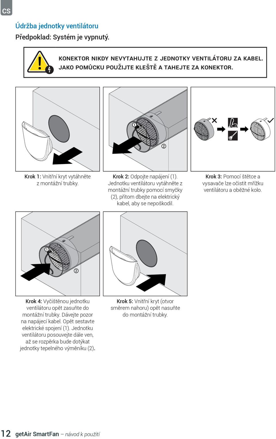 Jednotku ventilátoru vytáhněte z montážní trubky pomocí smyčky (2), přitom dbejte na elektrický kabel, aby se nepoškodil. Krok 3: Pomocí štětce a vysavače lze očistit mřížku ventilátoru a oběžné kolo.