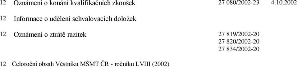 Oznámení o ztrátě razítek 27 819/2002-20 27 820/2002-20 27