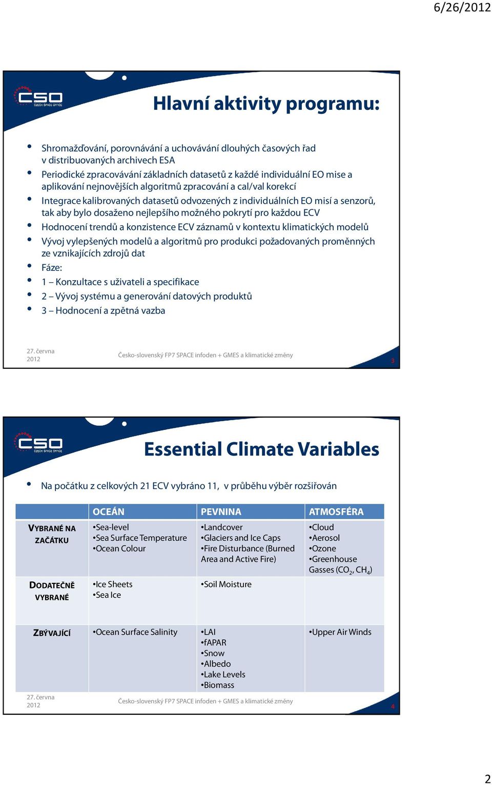 každou ECV Hodnocení trendů a konzistence ECV záznamů v kontextu klimatických modelů Vývoj vylepšených modelů a algoritmů pro produkci požadovaných proměnných ze vznikajících zdrojů dat Fáze: 1