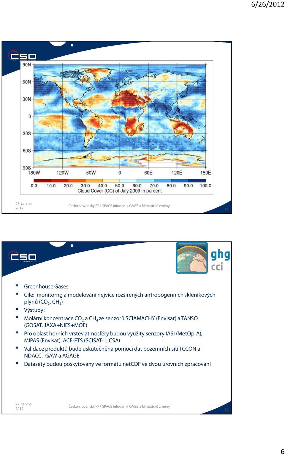 atmosféry budou využity senzory IASI (MetOp-A), MIPAS (Envisat), ACE-FTS (SCISAT-1, CSA) Validace produktů bude uskutečněna