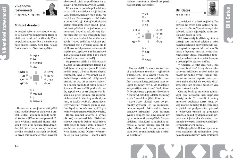 KJ543 J8 AK4 Q97 AQ98 10 Q10986 852 6 Honza sedící na jihu se cítil příliš silný na dvoubarevné zahájení a otevřel 1 srdce. Já jsem na západě nahlásil kontra a Jiří na severu pasoval.