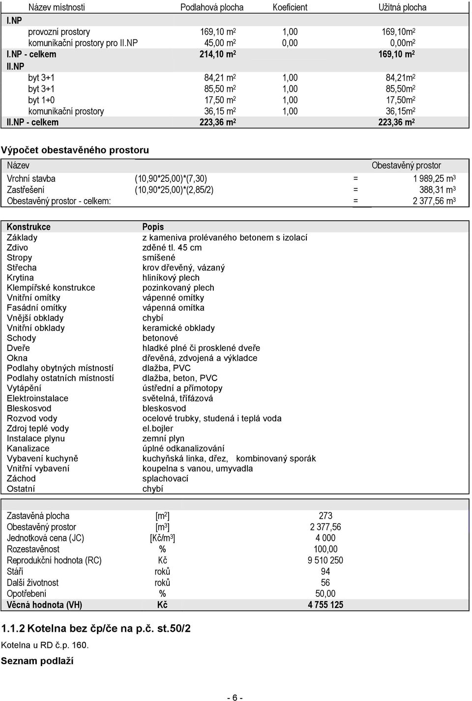 NP - celkem 223,36 m 2 223,36 m 2 Výpočet obestavěného prostoru Název Obestavěný prostor Vrchní stavba (10,90*25,00)*(7,30) = 1 989,25 m 3 Zastřešení (10,90*25,00)*(2,85/2) = 388,31 m 3 Obestavěný