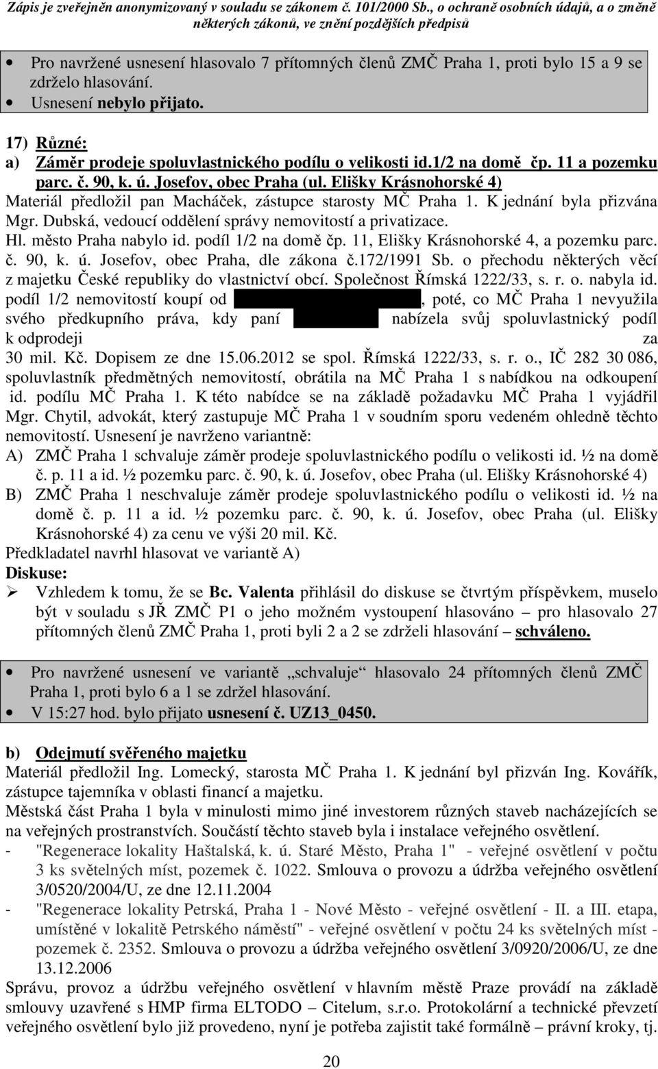 Dubská, vedoucí oddělení správy nemovitostí a privatizace. Hl. město Praha nabylo id. podíl 1/2 na domě čp. 11, Elišky Krásnohorské 4, a pozemku parc. č. 90, k. ú. Josefov, obec Praha, dle zákona č.