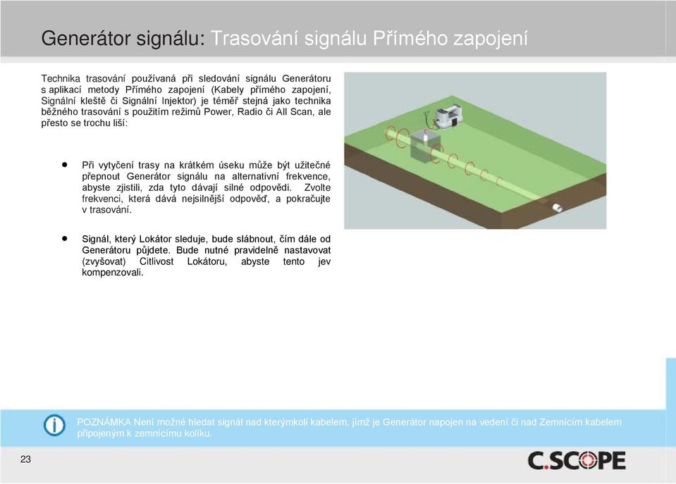 přepnout Generátor signálu na alternativní frekvence, abyste zjistili, zda tyto dávají silné odpovědi. Zvolte frekvenci, která dává nejsilnější odpověď, a pokračujte v trasování.