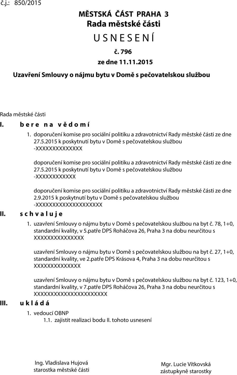 2015 k poskytnutí bytu v Domě s pečovatelskou službou -XXXXXXXXXXXXXX doporučení komise pro sociální politiku a zdravotnictví Rady městské části ze dne 27.5.2015 k poskytnutí bytu v Domě s pečovatelskou službou -XXXXXXXXXXXX II.