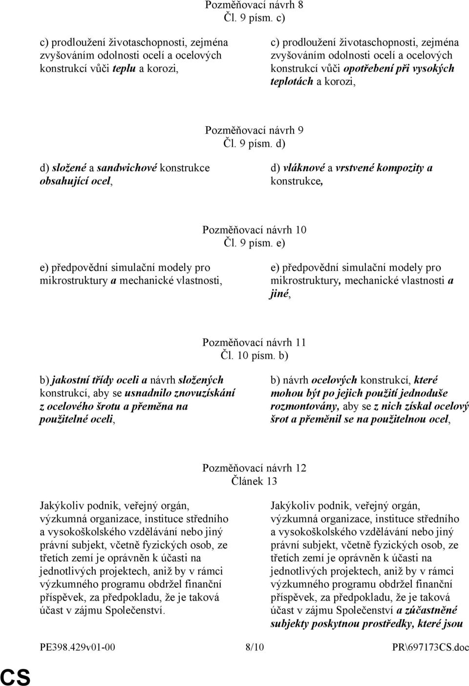 konstrukcí vůči opotřebení při vysokých teplotách a korozi, Pozměňovací návrh 9 Čl. 9 písm.