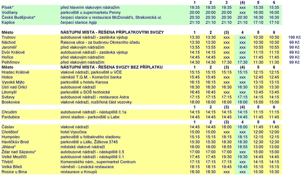 20:30 20:30 20:30 20:30 16:30 16:30 Kaplice čerpací stanice Agip 21:10 21:10 21:10 21:10 17:10 17:10 Trutnov autobusové nádraţí - zastávka výstup 13:30 13:30 xxx xxx 10:30 10:30 199 Kč Náchod Raisova