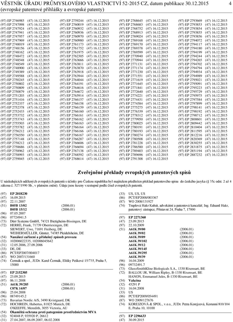 12.2015 (97) EP 2748548 (47) 16.12.2015 (97) EP 2748549 (47) 16.12.2015 (97) EP 2748900 (47) 16.12.2015 (97) EP 2749389 (47) 16.12.2015 (97) EP 2749588 (47) 16.12.2015 (97) EP 2750245 (47) 16.12.2015 (97) EP 2750802 (47) 16.