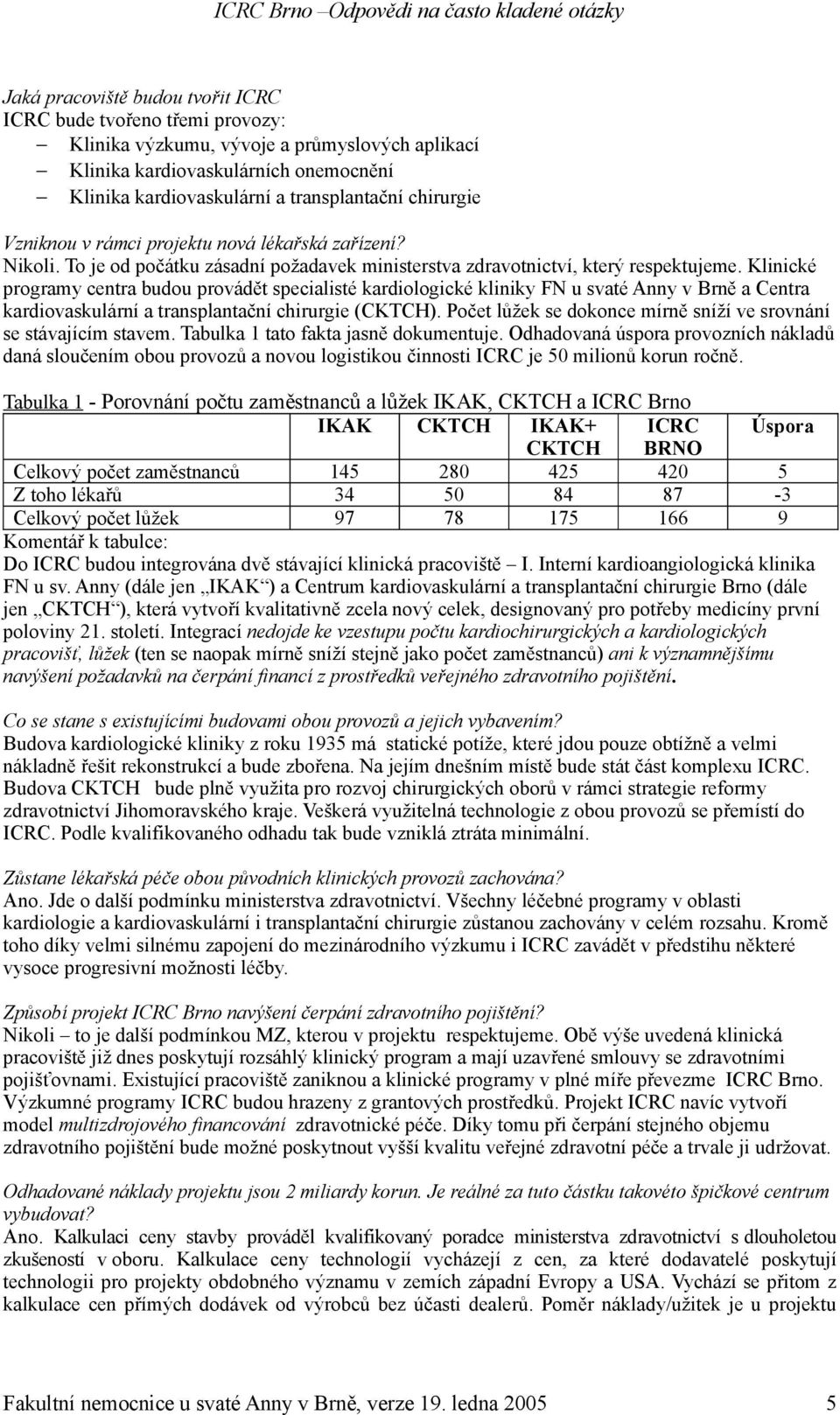 Klinické programy centra budou provádět specialisté kardiologické kliniky FN u svaté Anny v Brně a Centra kardiovaskulární a transplantační chirurgie (CKTCH).