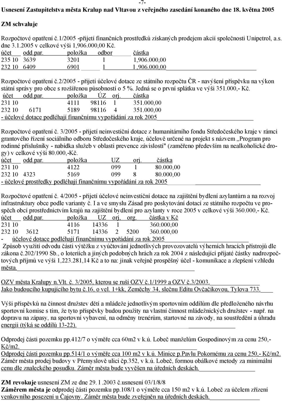 000,00 232 10 6409 6901 l l,906.000,00 Rozpočtové opatření č.2/2005 - přijetí účelové dotace ze státního rozpočtu ČR - navýšení příspěvku na výkon státní správy pro obce s rozšířenou působností o 5 %.