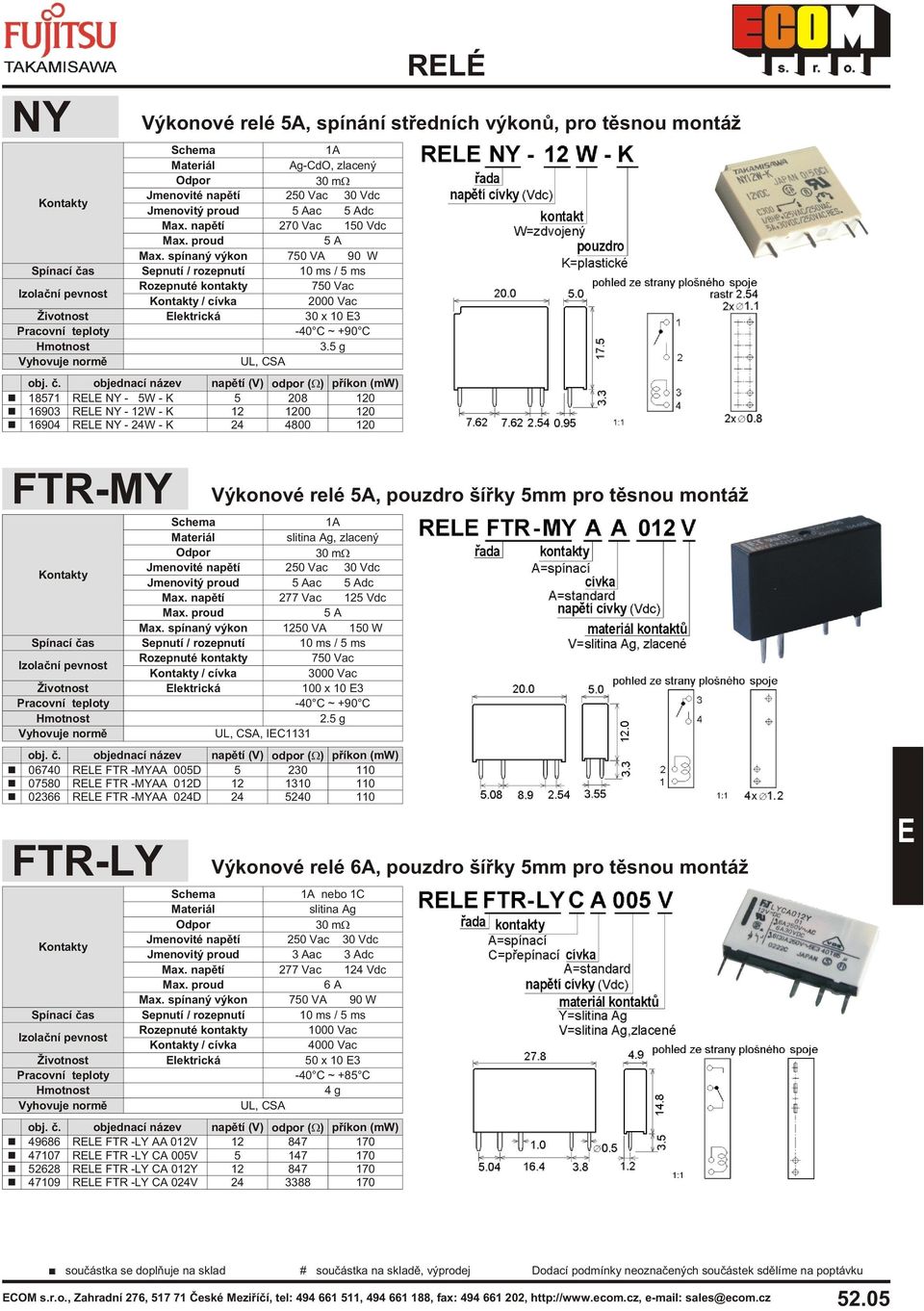 5 g UL, CSA 18571 RL NY - 5W - K 5 208 120 16903 RL NY - 12W - K 12 1200 120 16904 RL NY - 24W - K 24 4800 120 FTR-MY slitina Ag, zlacený Jmenovitý proud ac dc Max. napìtí 277 Vac 125 Vdc Max.