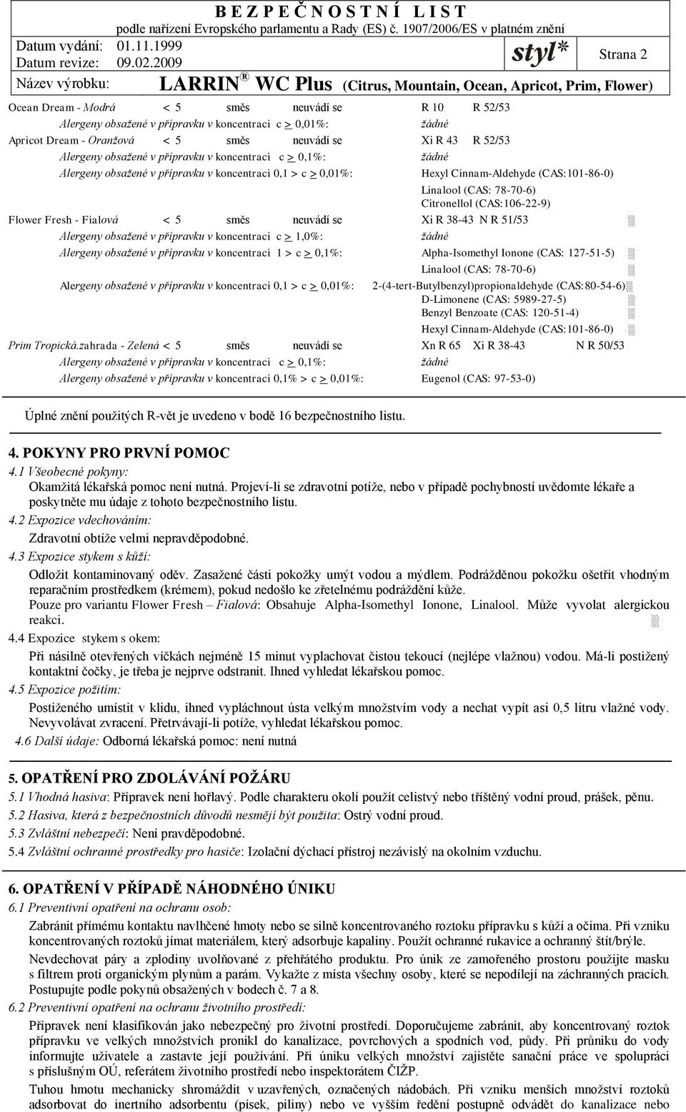 Fialová < 5 směs neuvádí se Xi R 38-43 N R 51/53 Alergeny obsažené v přípravku v koncentraci c > 1,0%: Alergeny obsažené v přípravku v koncentraci 1 > c > 0,1%: Alpha-Isomethyl Ionone (CAS: 127-51-5)