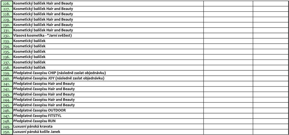 Kosmetický balíček 237. Kosmetický balíček 238. Kosmetický balíček 239. Předplatné časopisu CHIP (následně zaslat objednávku) 240. Předplatné časopisu JOY (následně zaslat objednávku) 241.