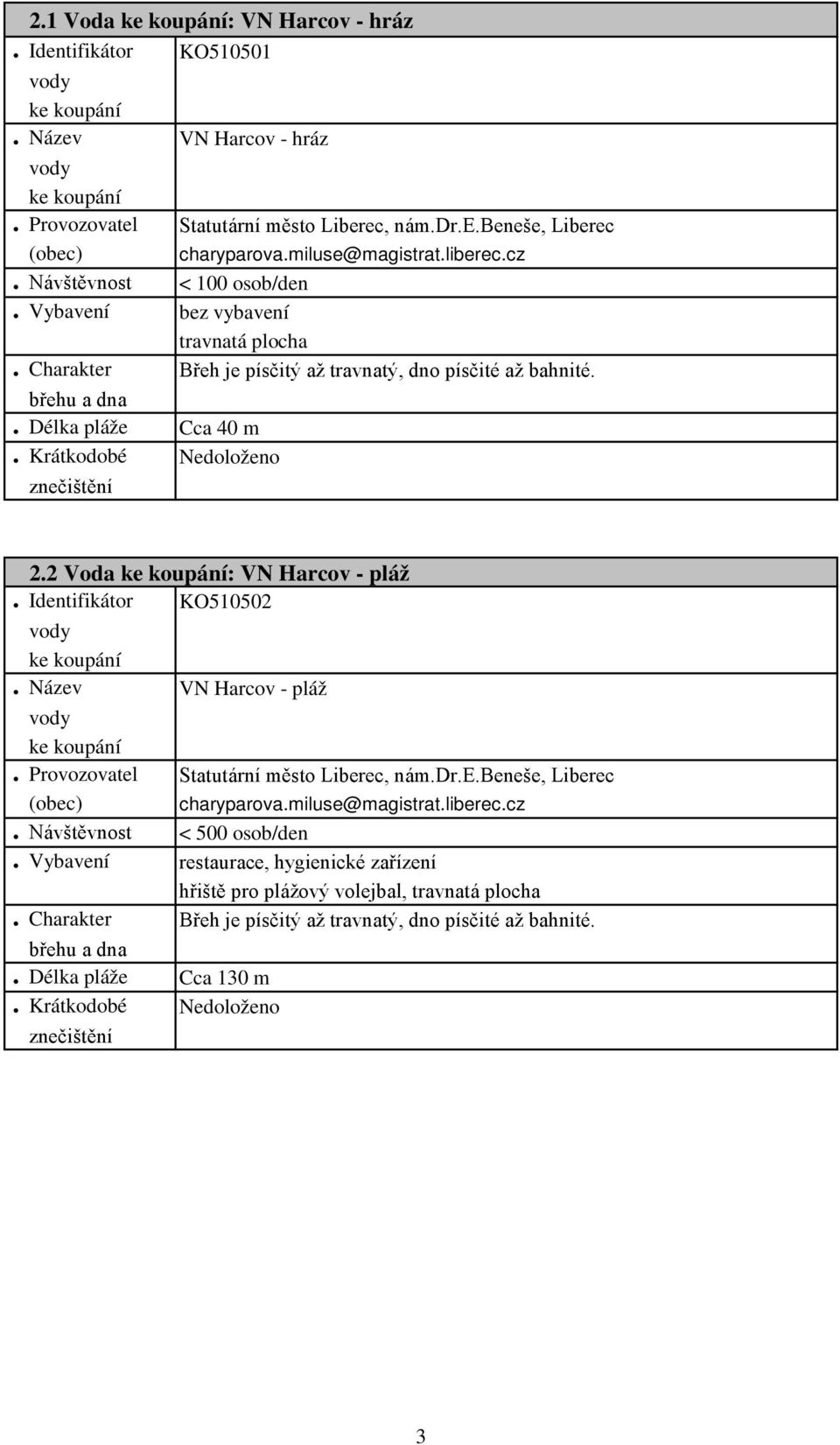 Krátkodobé Nedoloženo 2.2 Voda ke koupání: VN Harcov - pláž. Identifikátor KO510502 vody ke koupání. Název VN Harcov - pláž vody ke koupání. Provozovatel Statutární město Liberec, nám.dr.e.beneše, Liberec (obec) charyparova.