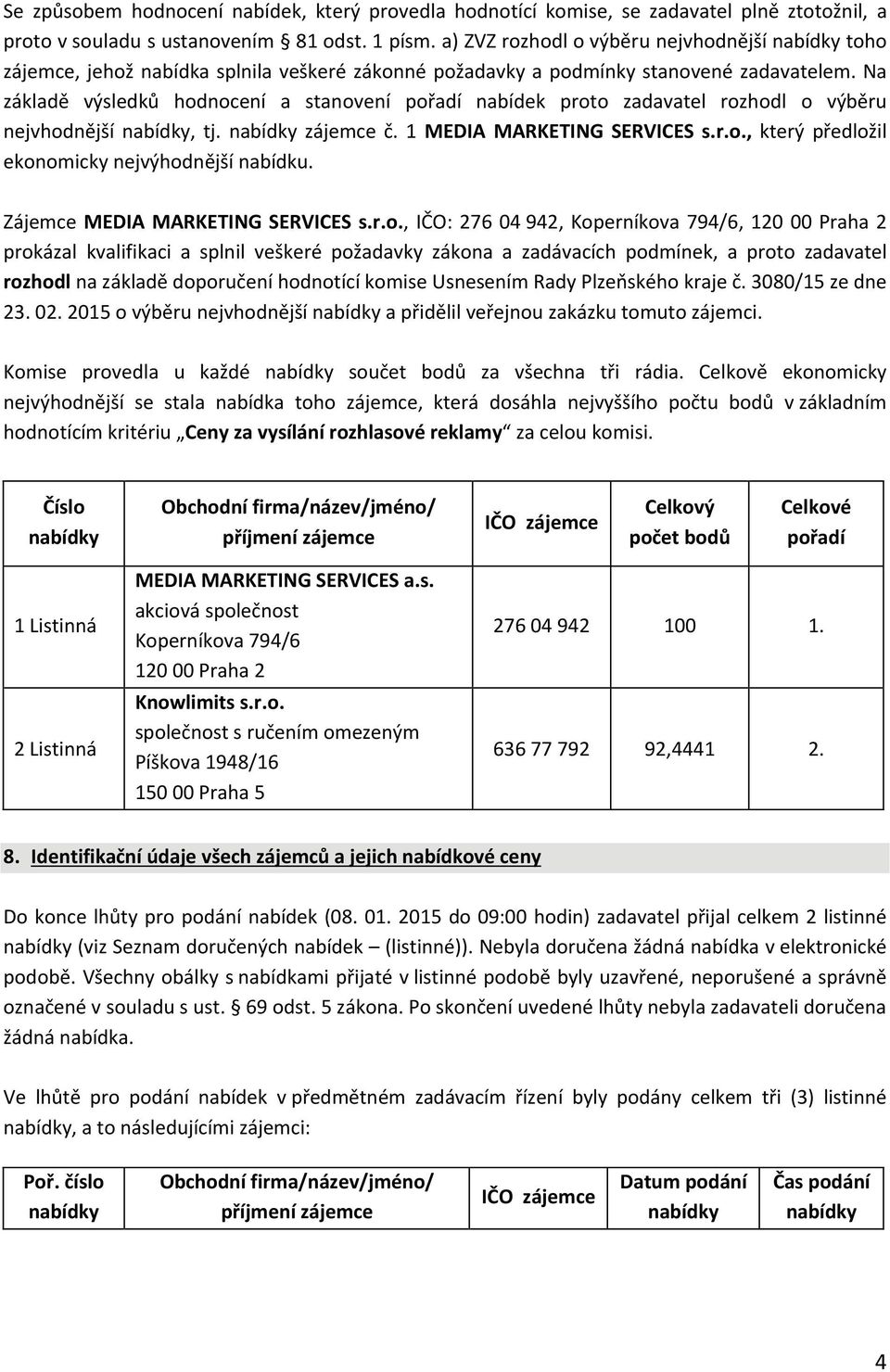 Na základě výsledků hodnocení a stanovení pořadí nabídek proto zadavatel rozhodl o výběru nejvhodnější, tj. zájemce č. 1 MEDIA MARKETING SERVICES s.r.o., který předložil ekonomicky nejvýhodnější nabídku.