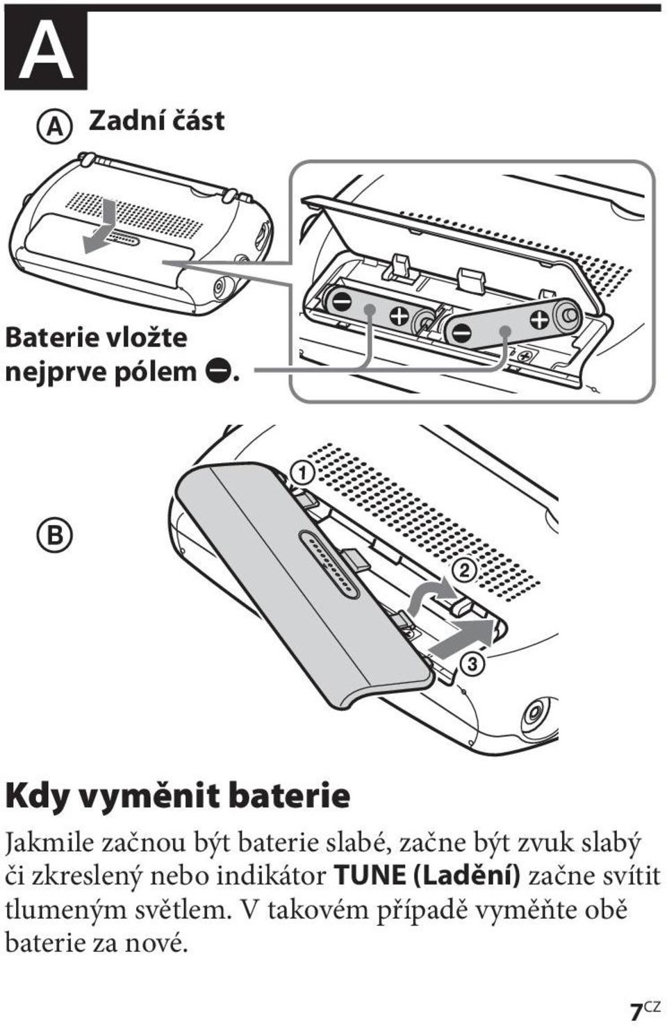 být zvuk slabý či zkreslený nebo indikátor TUNE (Ladění)