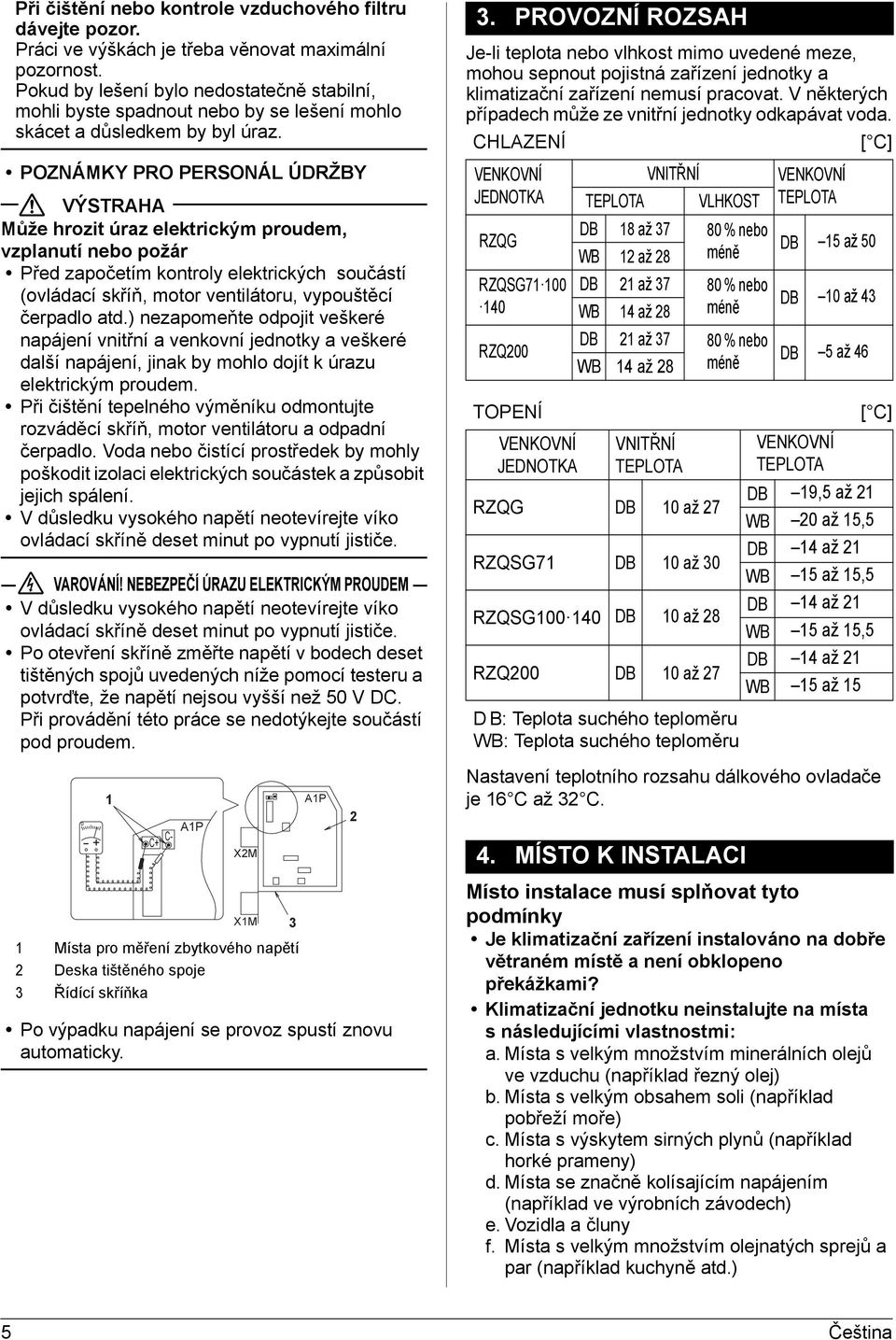 POZNÁMKY PRO PERSONÁL ÚDRŽBY VÝSTRAHA Může hrozit úraz elektrickým proudem, vzplanutí nebo požár Před započetím kontroly elektrických součástí (ovládací skříň, motor ventilátoru, vypouštěcí čerpadlo