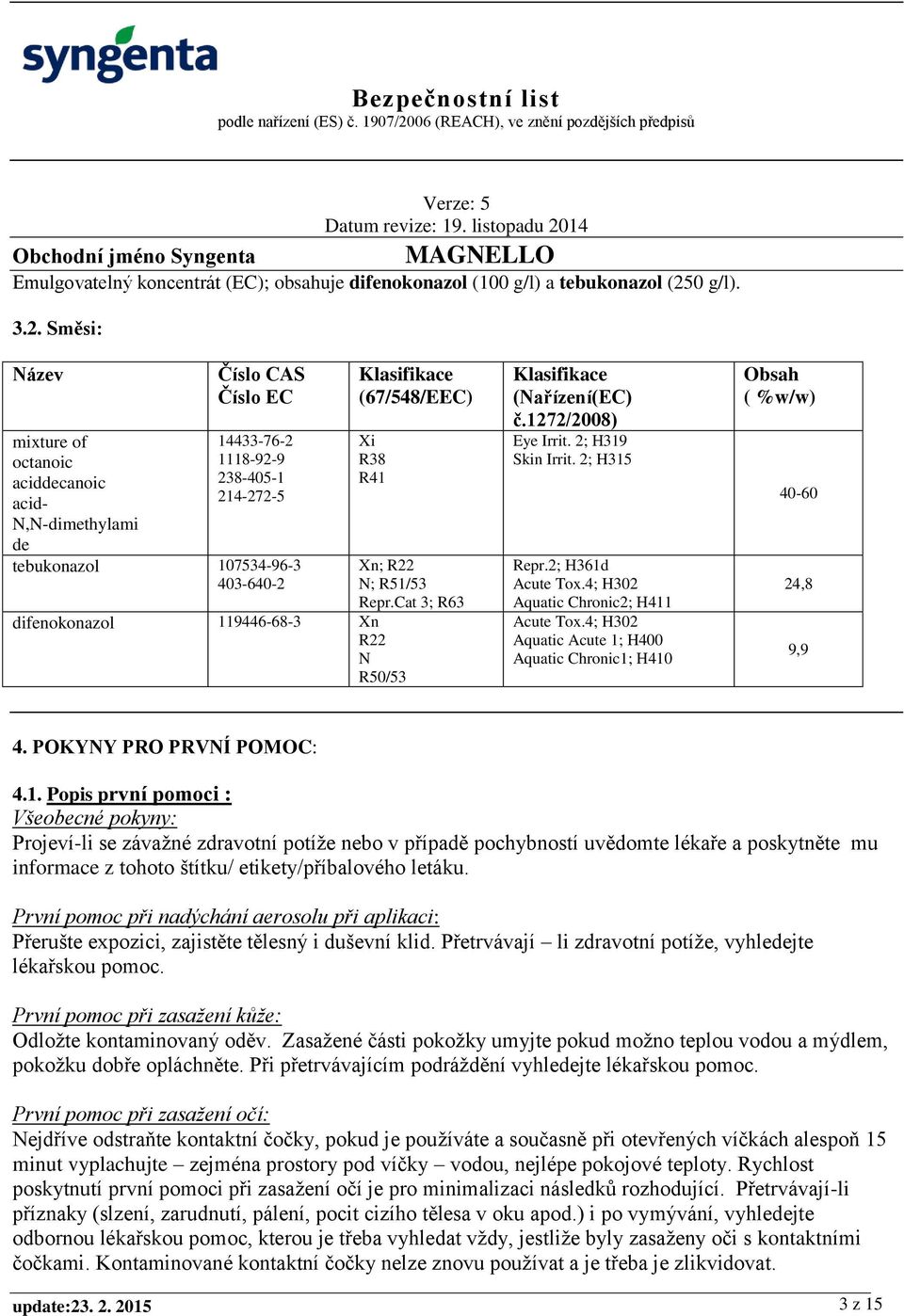 Směsi: Název mixture of octanoic aciddecanoic acid- N,N-dimethylami de Číslo CAS Číslo EC 14433-76-2 1118-92-9 238-405-1 214-272-5 tebukonazol 107534-96-3 403-640-2 Klasifikace (67/548/EEC) Xi R38