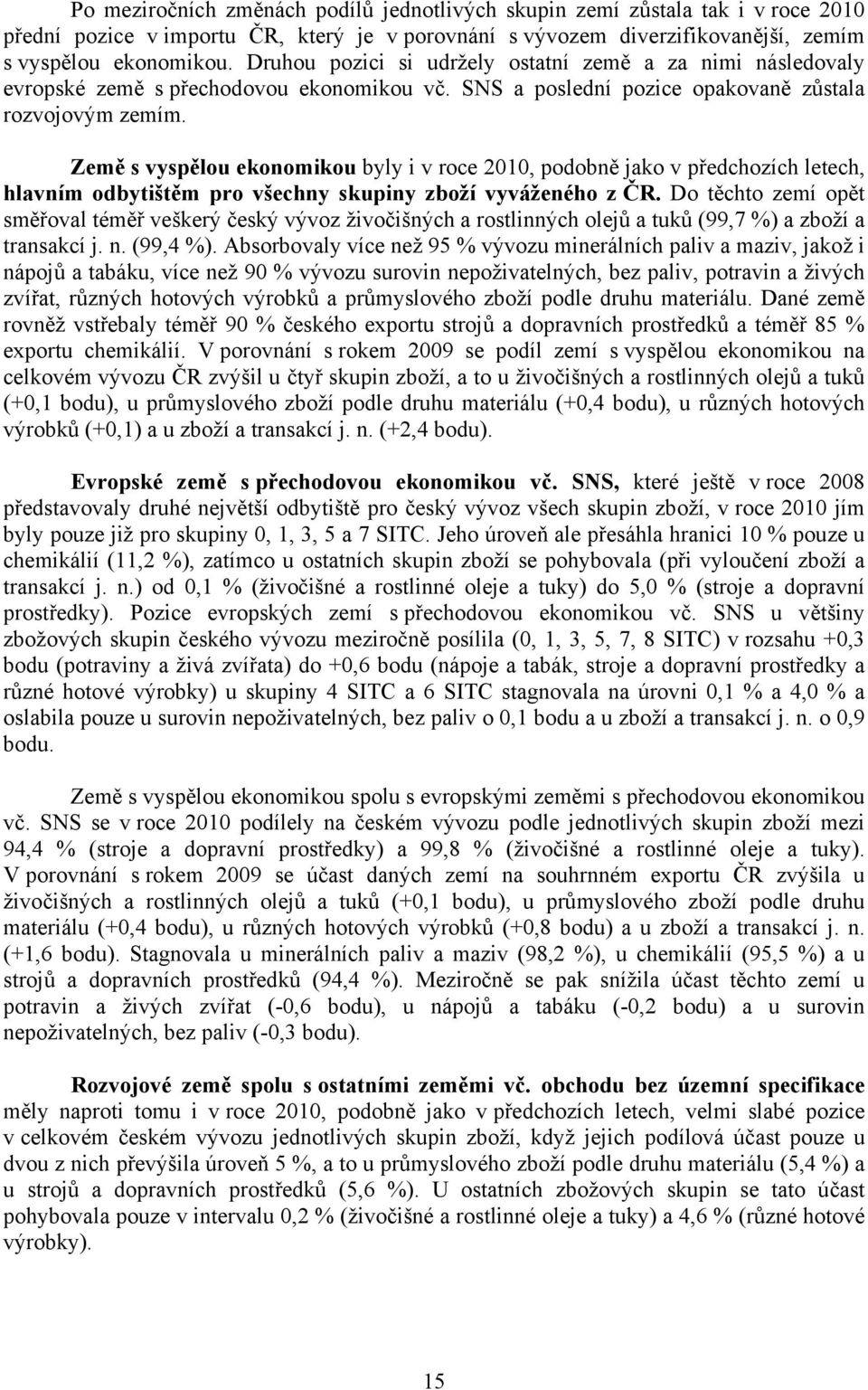 Země s vyspělou ekonomikou byly i v roce 2010, podobně jako v předchozích letech, hlavním odbytištěm pro všechny skupiny zboží vyváženého z ČR.