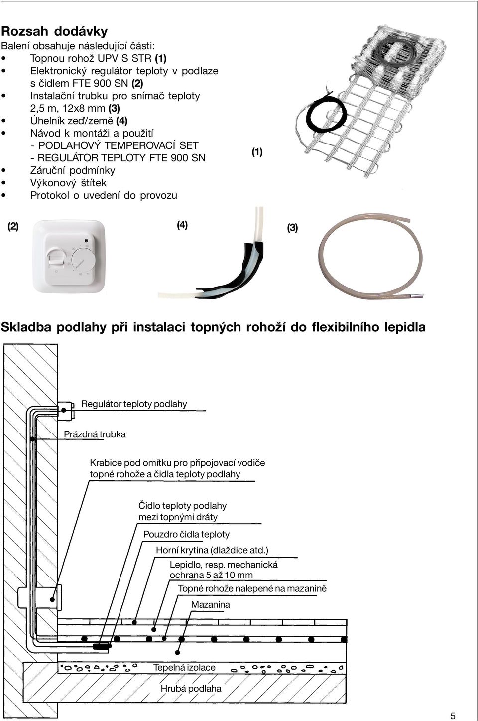(3) Skladba podlahy p i instalaci topn ch rohoûì do flexibilnìho lepidla Regul tor teploty podlahy Pr zdn trubka Krabice pod omìtku pro p ipojovacì vodiëe topnè rohoûe a Ëidla teploty podlahy»idlo