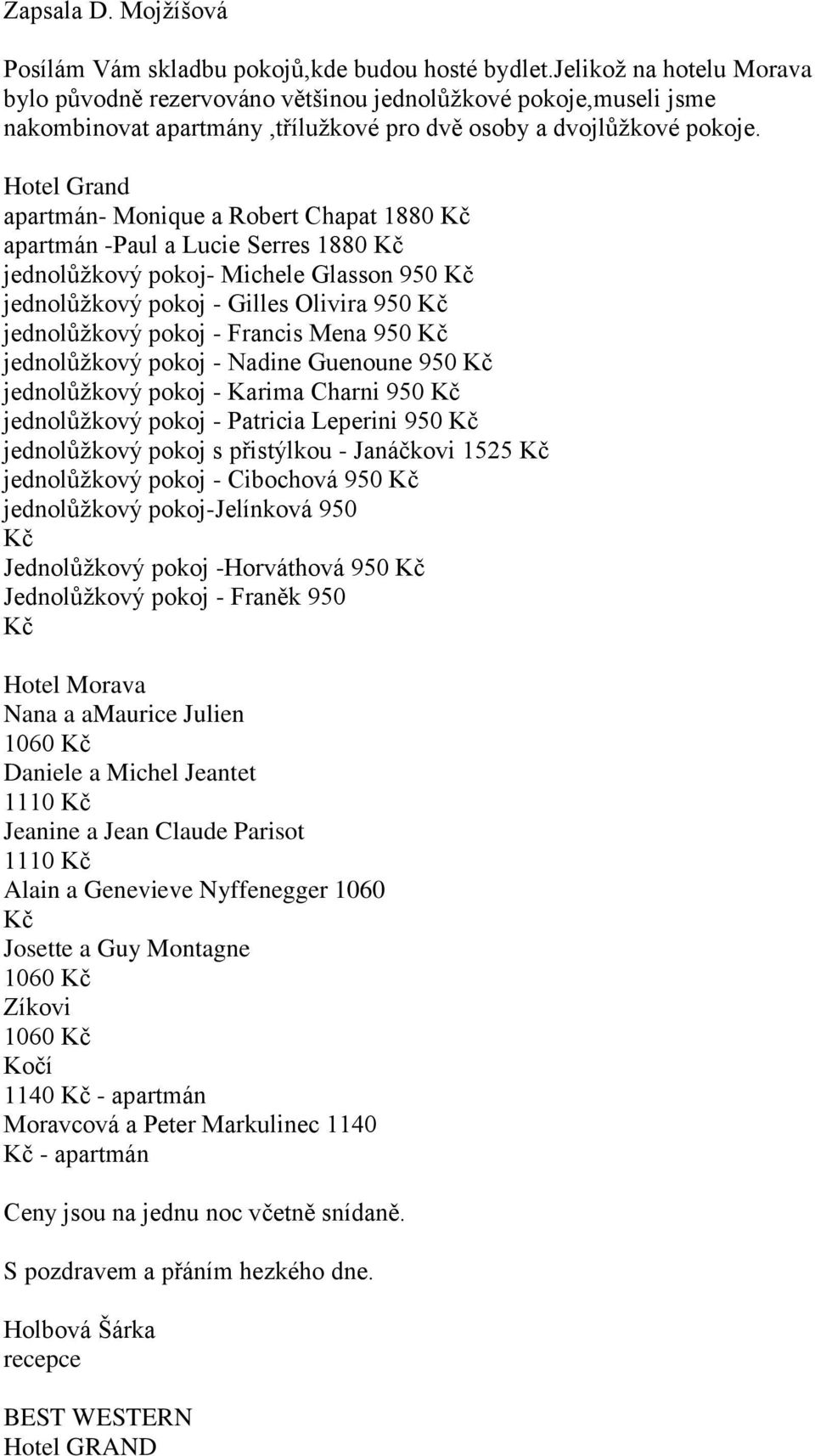 Hotel Grand apartmán- Monique a Robert Chapat 1880 apartmán -Paul a Lucie Serres 1880 jednolůžkový pokoj- Michele Glasson 950 jednolůžkový pokoj - Gilles Olivira 950 jednolůžkový pokoj - Francis Mena