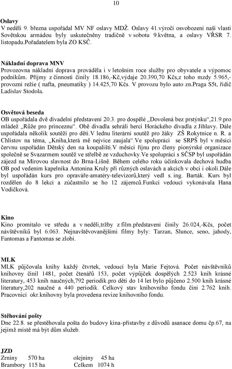 390,70 Kčs,z toho mzdy 5.965,- provozní režie ( nafta, pneumatiky ) 14.425,70 Kčs. V provozu bylo auto zn.praga S5t, řidič Ladislav Stodola. Osvětová beseda OB uspořádala dvě divadelní představení 20.