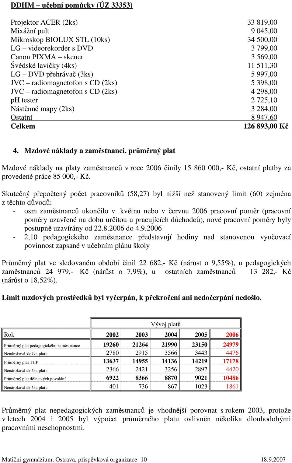 126 893,00 Kč 4. Mzdové náklady a zaměstnanci, průměrný plat Mzdové náklady na platy zaměstnanců v roce 2006 činily 15 860 000,- Kč, ostatní platby za provedené práce 85 000,- Kč.