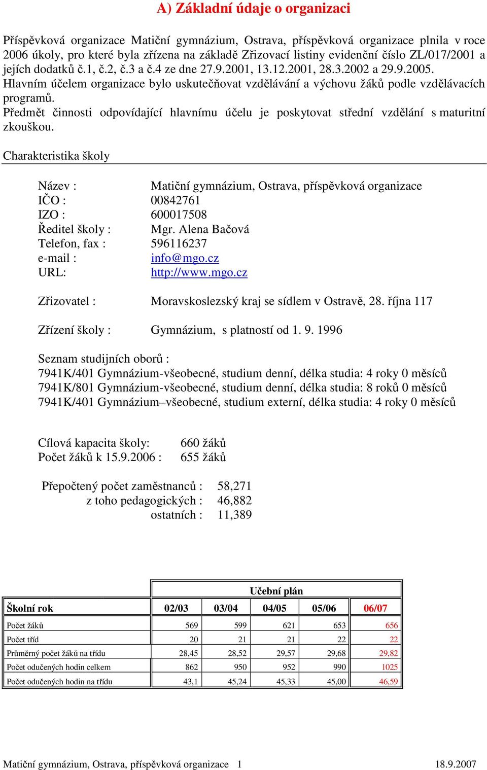 Předmět činnosti odpovídající hlavnímu účelu je poskytovat střední vzdělání s maturitní zkouškou.