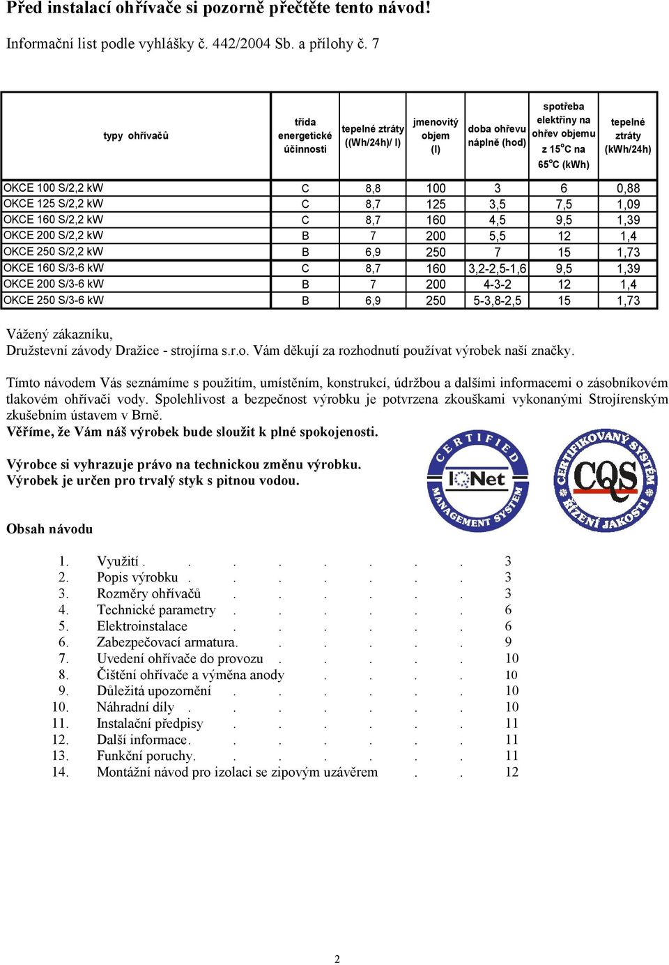 (kwh/24h) OKCE 100 S/2,2 kw OKCE 125 S/2,2 kw OKCE 160 S/2,2 kw OKCE 200 S/2,2 kw OKCE 250 S/2,2 kw OKCE 160 S/3-6 kw OKCE 200 S/3-6 kw OKCE 250 S/3-6 kw C 8,8 100 3 6 0,88 C 8,7 125 3,5 7,5 1,09 C