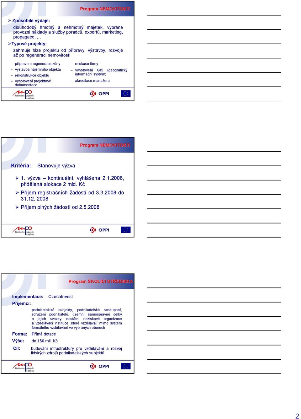 systém) akreditace manažera Program NEMOVITOSTI 1. výzva kontinuální, vyhlášena 2.1.2008, přidělená alokace 2 mld. Kč Příjem registračních žádostí od 3.3.2008 do 31.12.