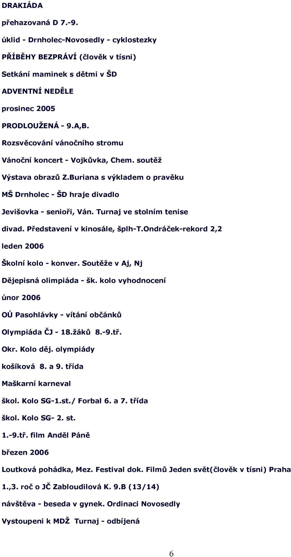 Turnaj ve stolním tenise divad. Představení v kinosále, šplh-t.ondráček-rekord 2,2 leden 2006 Školní kolo - konver. Soutěže v Aj, Nj Dějepisná olimpiáda - šk.