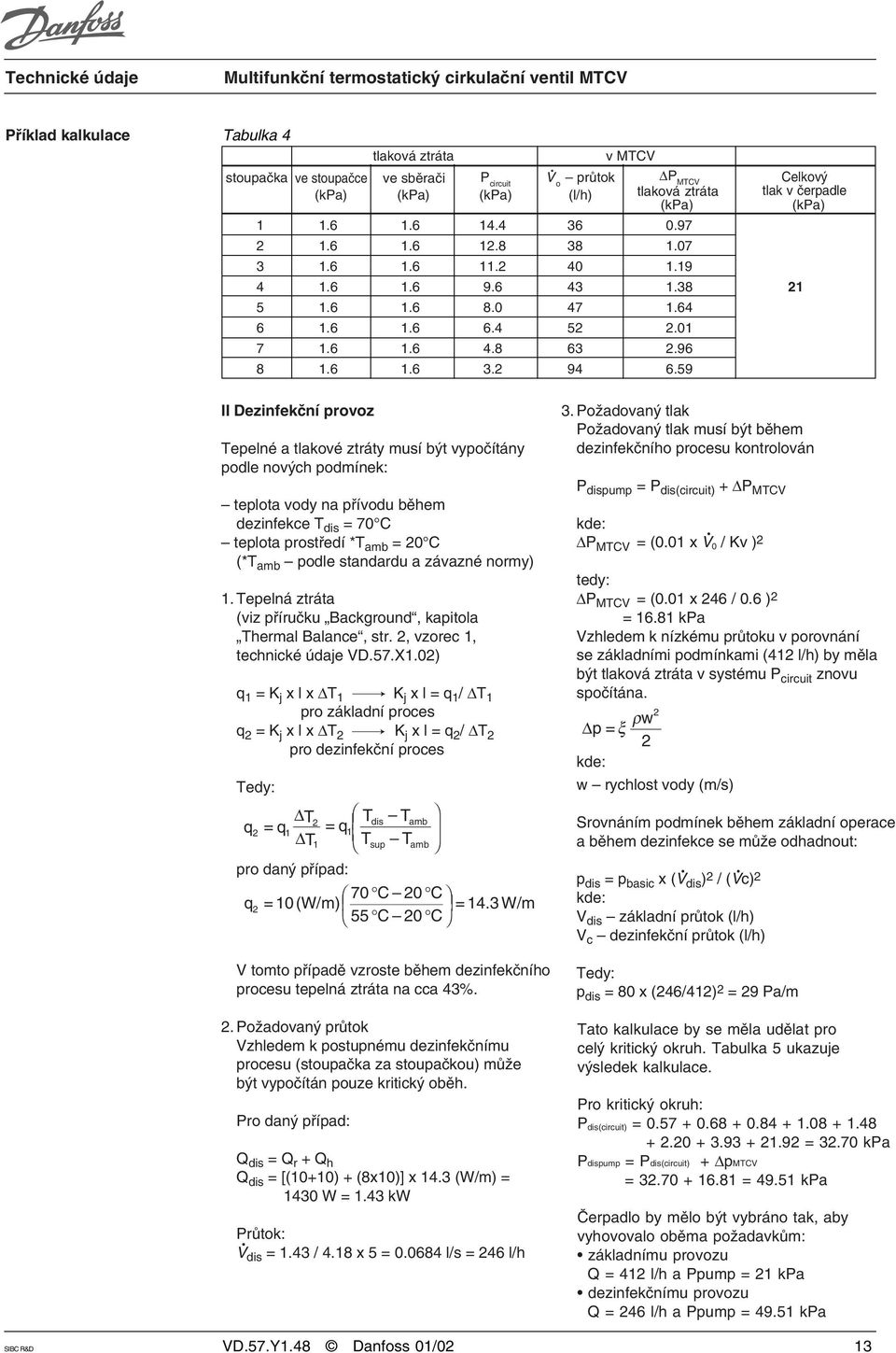59 II Dezinfekční provoz Tepelné a tlakové ztráty musí být vypočítány podle nových podmínek: teplota vody na přívodu během dezinfekce T dis = 70 C teplota prostředí *T amb = 20 C (*T amb podle