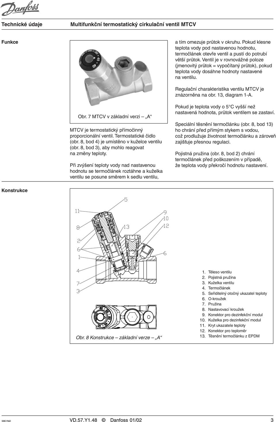 13, diagram 1-A. Obr. 7 MTCV v základní verzi A MTCV je termostatický přímočinný proporcionální ventil. Termostatické čidlo (obr. 8, bod 4) je umístěno v kuželce ventilu (obr.