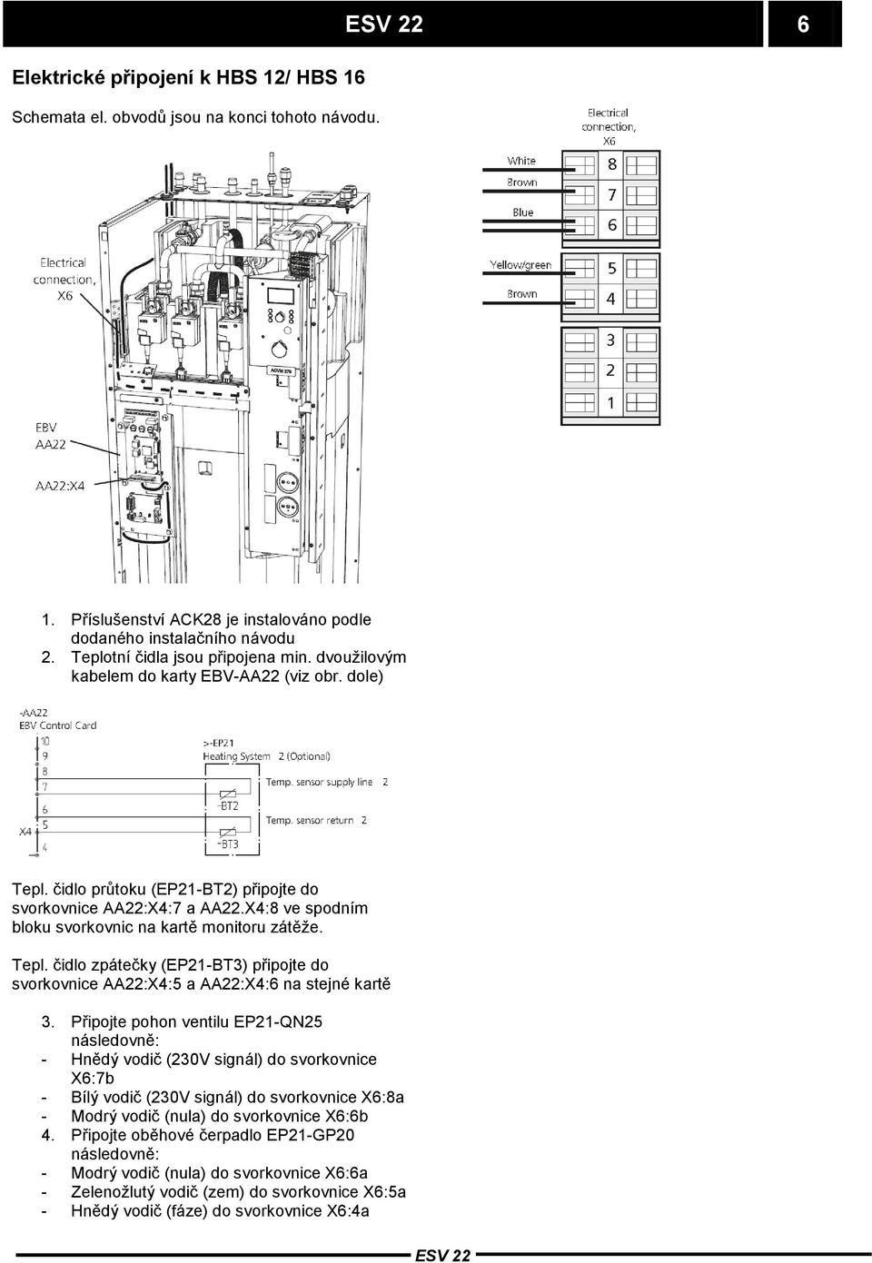 Připojte pohon ventilu EP21-QN25 následovně: - Hnědý vodič (230V signál) do svorkovnice X6:7b - Bílý vodič (230V signál) do svorkovnice X6:8a - Modrý vodič (nula) do svorkovnice X6:6b 4.
