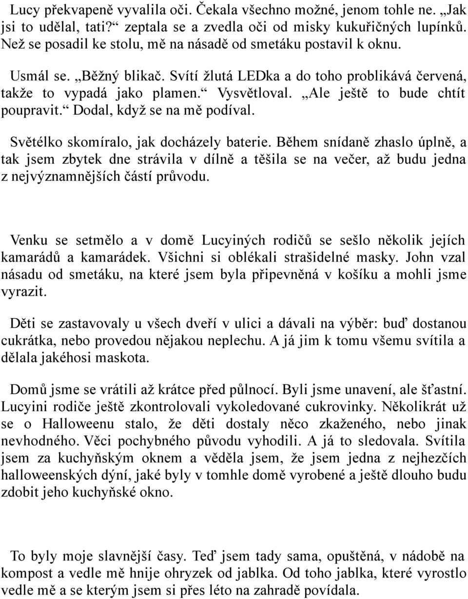 Ale ještě to bude chtít poupravit. Dodal, když se na mě podíval. Světélko skomíralo, jak docházely baterie.