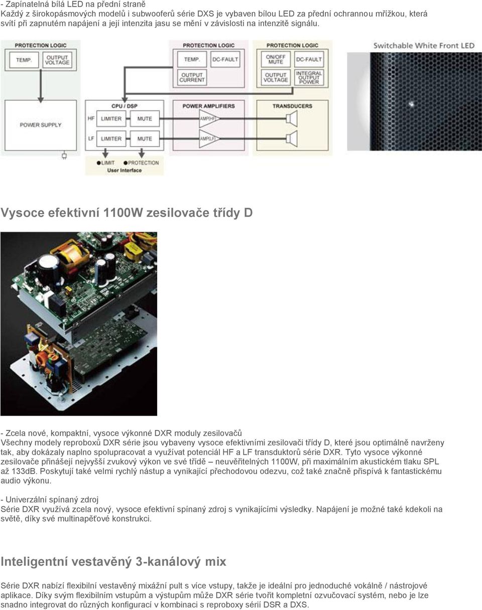 Vysoce efektivní 1100W zesilovače třídy D - Zcela nové, kompaktní, vysoce výkonné DXR moduly zesilovačů Všechny modely reproboxů DXR série jsou vybaveny vysoce efektivními zesilovači třídy D, které