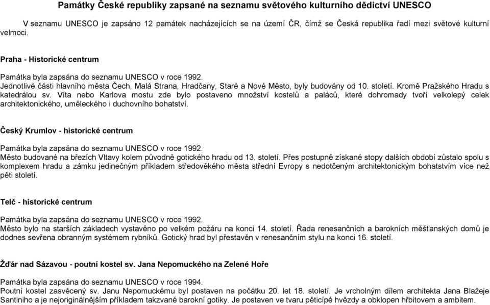 Kromě Pražského Hradu s katedrálou sv. Víta nebo Karlova mostu zde bylo postaveno množství kostelů a paláců, které dohromady tvoří velkolepý celek architektonického, uměleckého i duchovního bohatství.