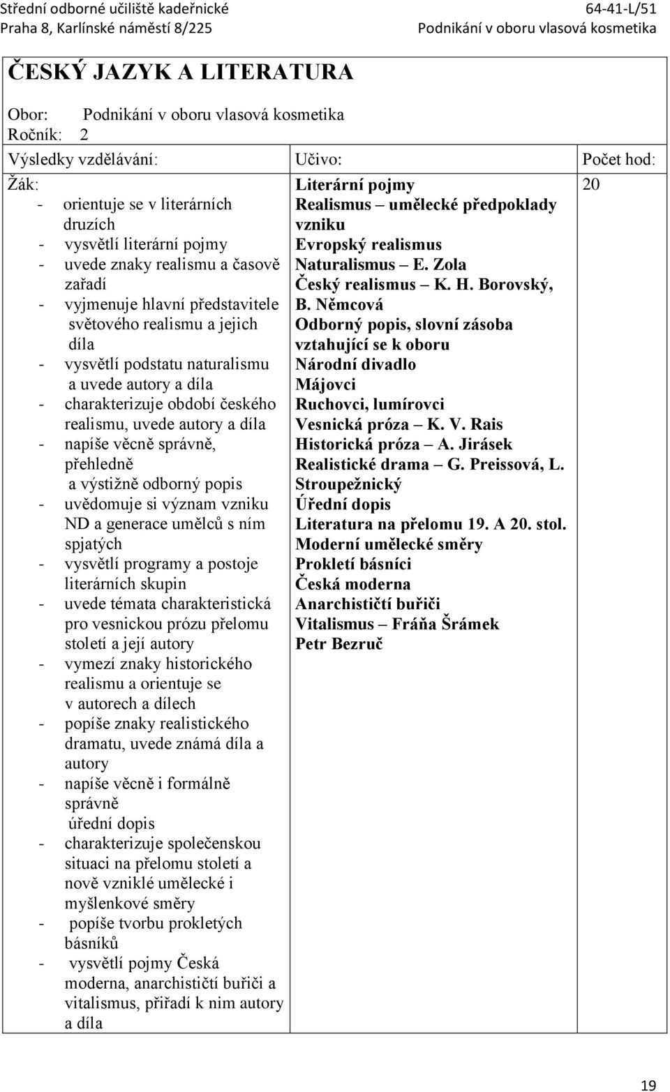 Němcová Odborný popis, slovní zásoba vztahující se k oboru - vysvětlí podstatu naturalismu a uvede autory a díla Národní divadlo Májovci - charakterizuje období českého realismu, uvede autory a díla