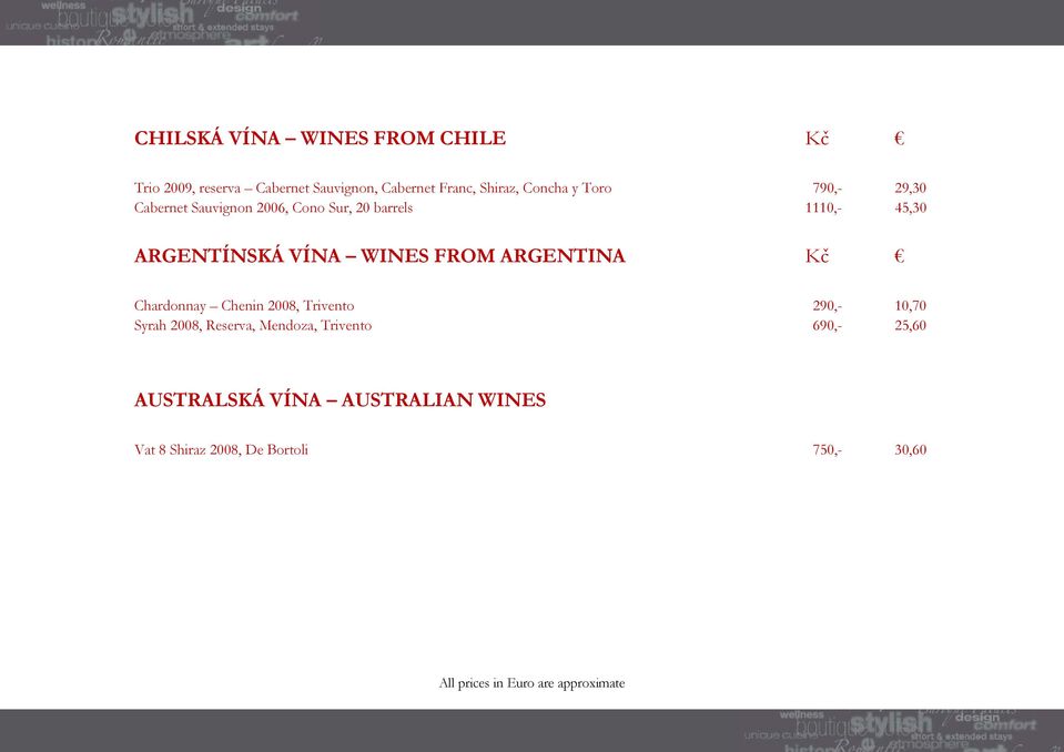 VÍNA WINES FROM ARGENTINA Kč Chardonnay Chenin 2008, Trivento 290,- 10,70 Syrah 2008, Reserva,