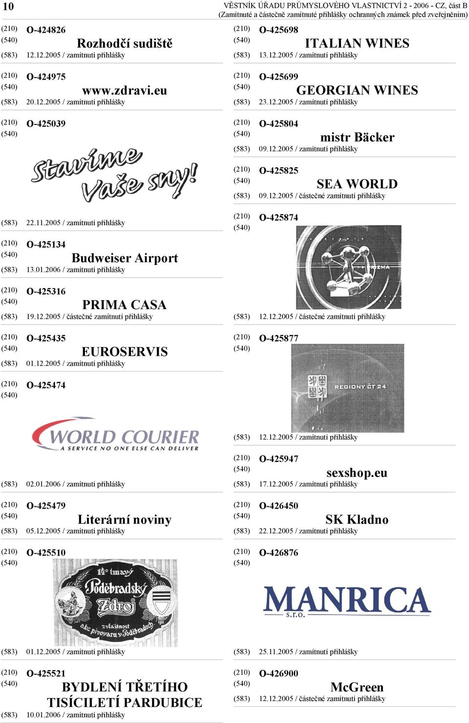 2005 / zamítnutí přihlášky O-425874 O-425134 Budweiser Airport 13.01.2006 / zamítnutí přihlášky O-425316 PRIMA CASA 19.12.