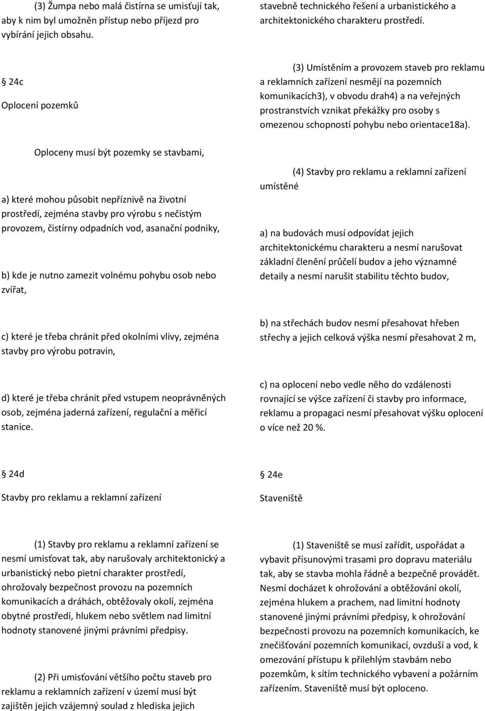 24c Oplocení pozemků (3) Umístěním a provozem staveb pro reklamu a reklamních zařízení nesmějí na pozemních komunikacích3), v obvodu drah4) a na veřejných prostranstvích vznikat překážky pro osoby s