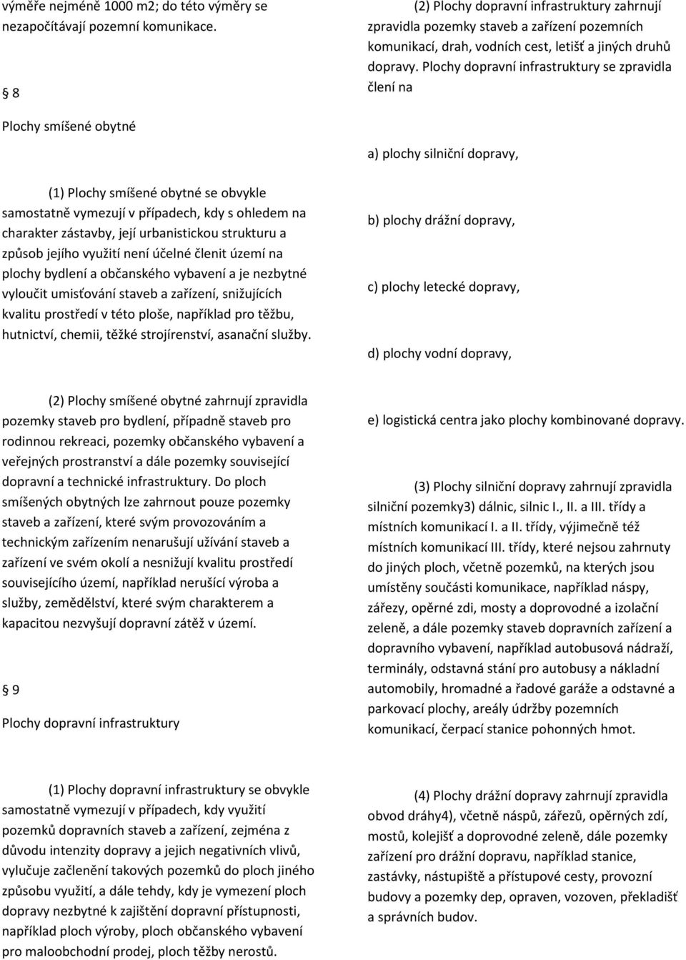 Plochy dopravní infrastruktury se zpravidla člení na Plochy smíšené obytné a) plochy silniční dopravy, (1) Plochy smíšené obytné se obvykle samostatně vymezují v případech, kdy s ohledem na charakter