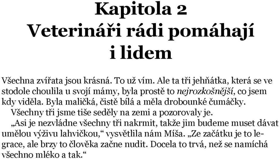 Byla maličká, čistě bílá a měla drobounké čumáčky. Všechny tři jsme tiše seděly na zemi a pozorovaly je.