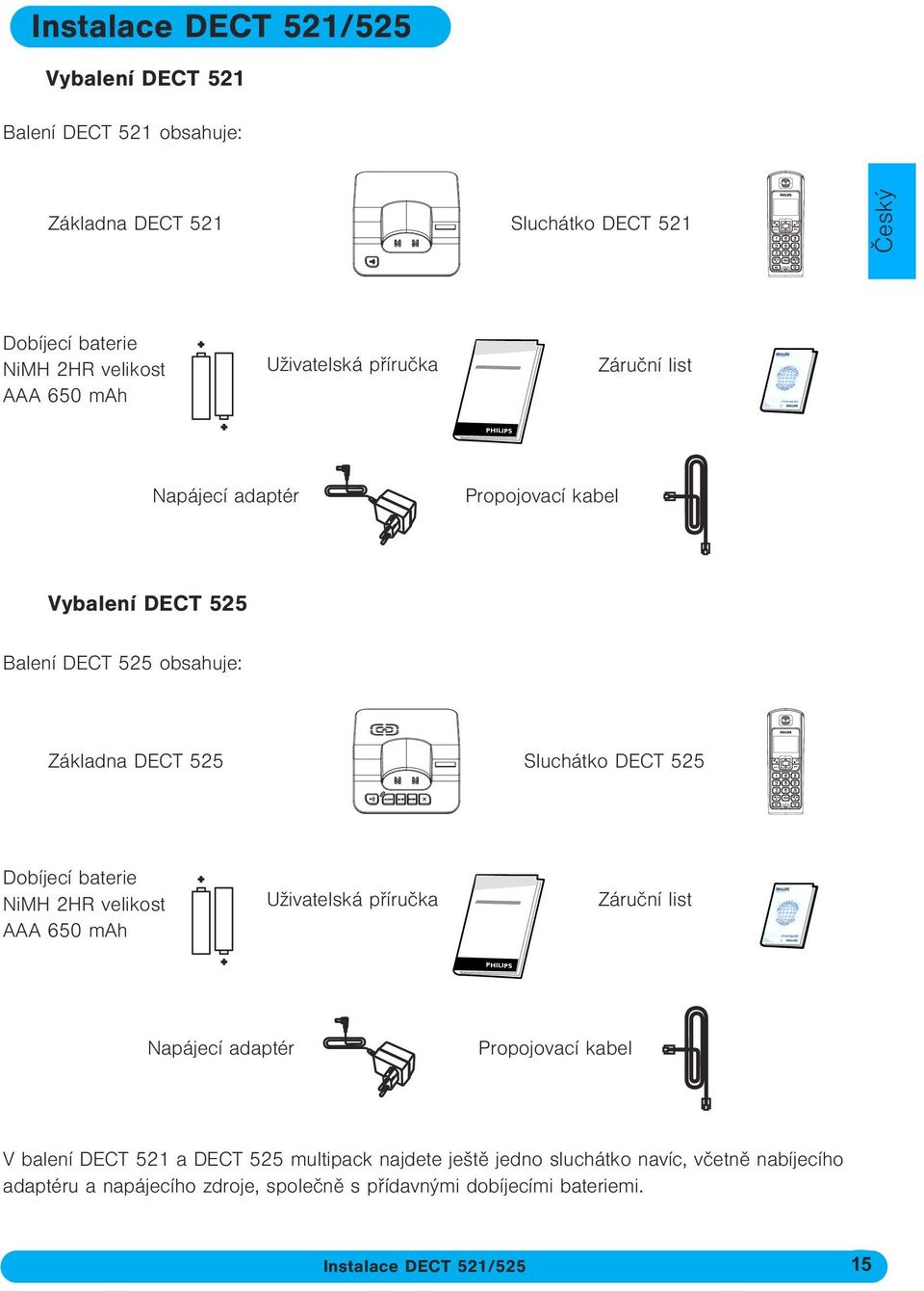 Dobíjecí baterie NiMH 2HR velikost AAA 650 mah Uživatelská pøíruèka Záruèní list PHILIPS Napájecí adaptér Propojovací kabel V balení DECT 521 a DECT 525