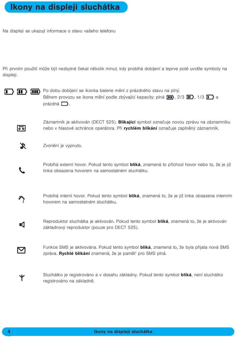 Blikající symbol oznaèuje novou zprávu na záznamníku nebo v hlasové schránce operátora. Pøi rychlém blikání oznaèuje zaplnìný záznamník. Zvonìní je vypnuto. Probíhá externí hovor.