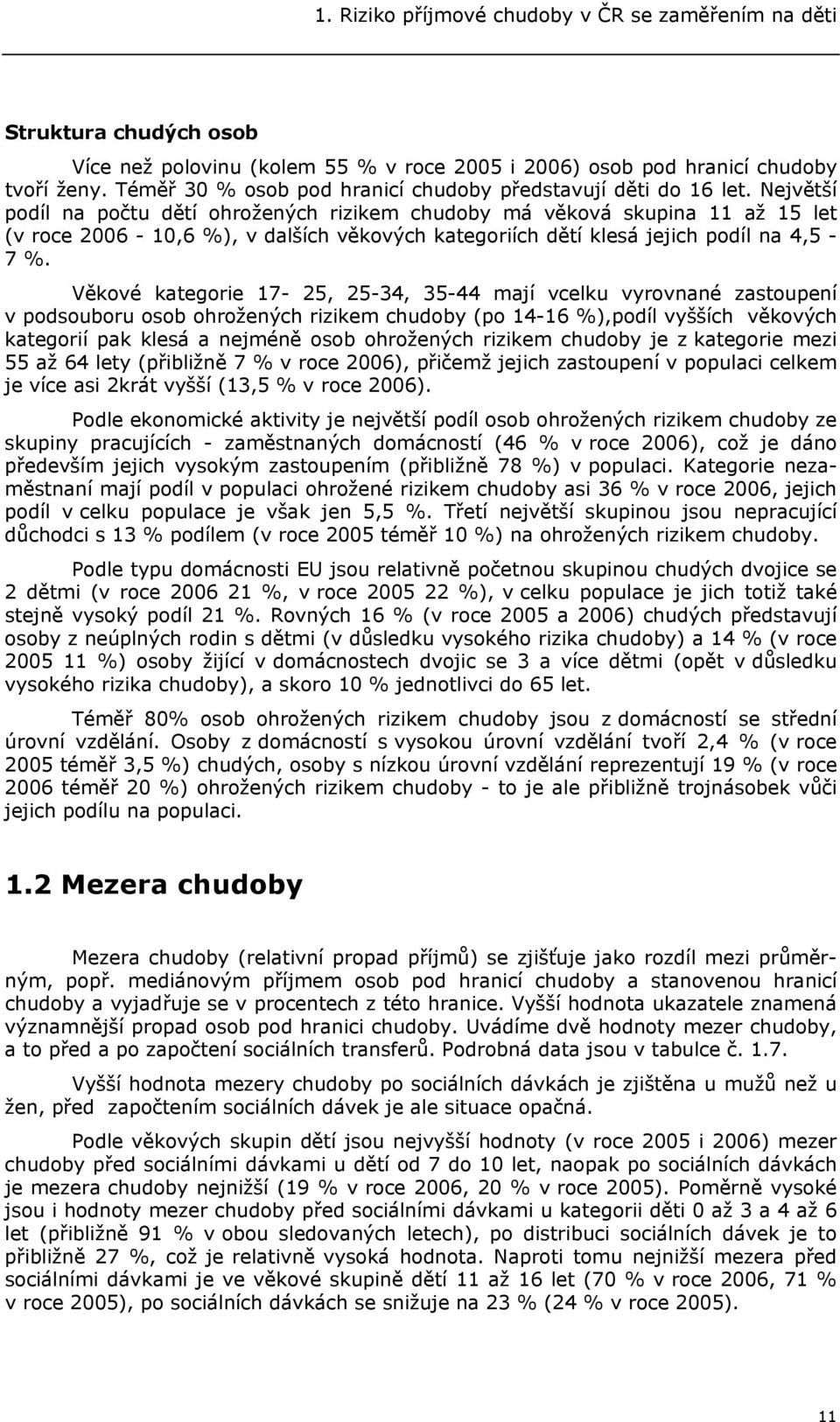 Největší podíl na počtu dětí ohrožených rizikem chudoby má věková skupina 11 až 15 let (v roce 2006-10,6 %), v dalších věkových kategoriích dětí klesá jejich podíl na 4,5-7 %.