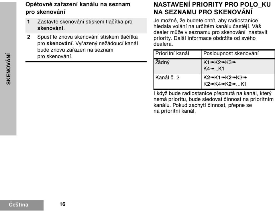 NASTAVENÍ PRIORITY PRO POLO_KU NA SEZNAMU PRO SKENOVÁNÍ Je možné, že budete chtít, aby radiostanice hledala volání na urèitém kanálu èastìji.